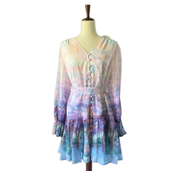DALIA MACPHEE Purple Multi Floral Button Down Dress Long Sleeve Ruffled Lrge NWT - Picture 3 of 16